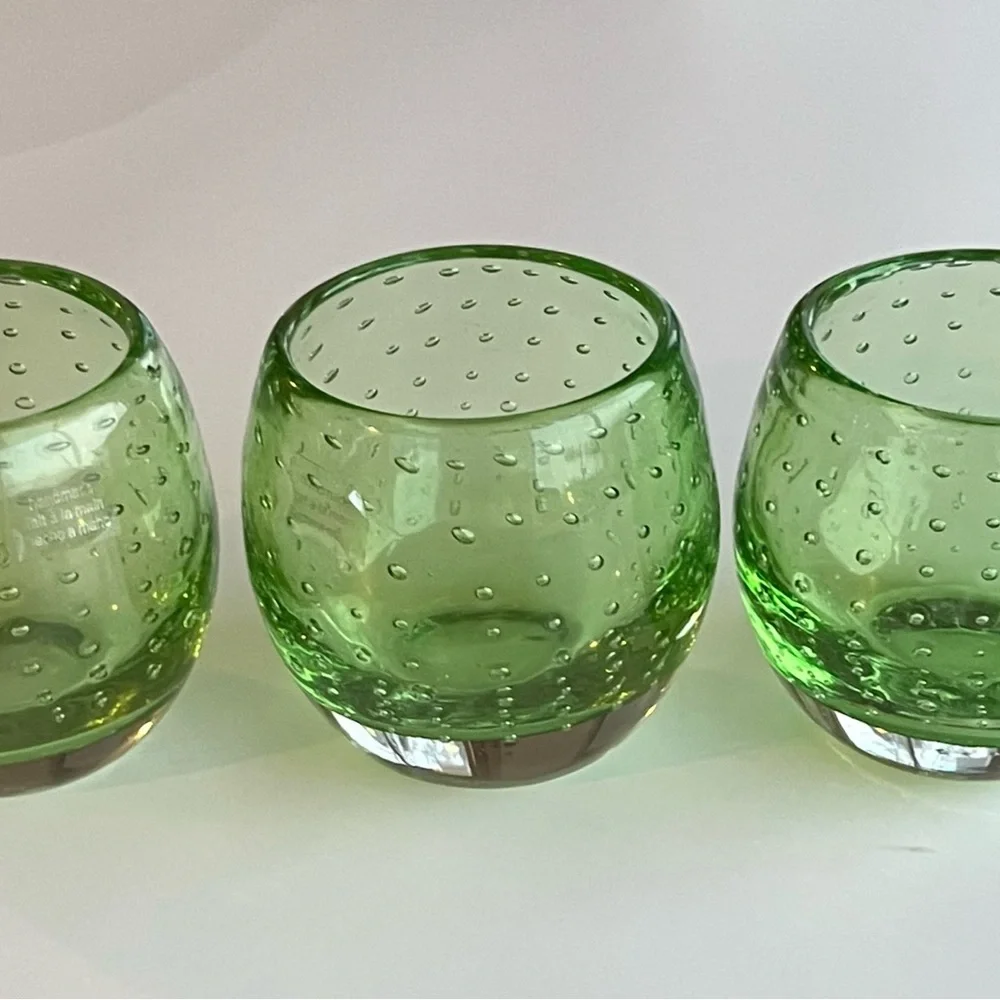 Crate & Barrel “Pop” tealight lime green glass candle holders controlled bubble